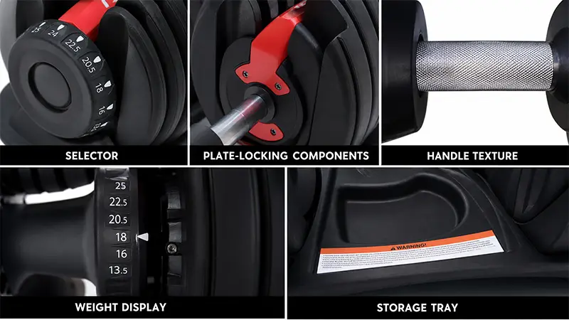 Adjustable dumbbell locking system and handle details