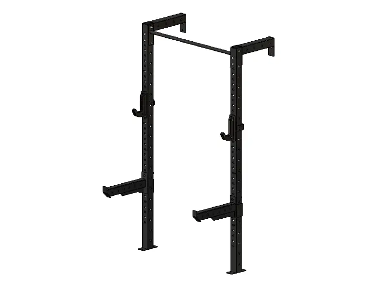 wall-mounted half power rack with pull-up bar, J-hooks and safety arms.