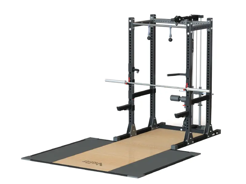 Black power rack with an integrated cable pulley system and wooden weightlifting platform.