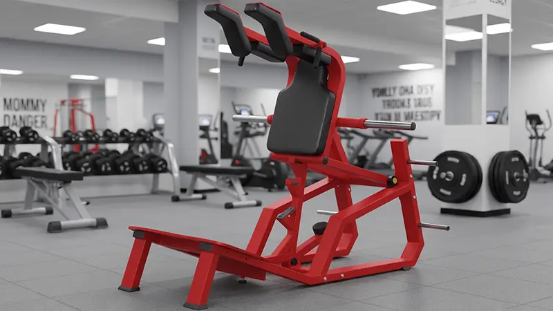 Hack squat machine and barbell squat rack in a commercial gym