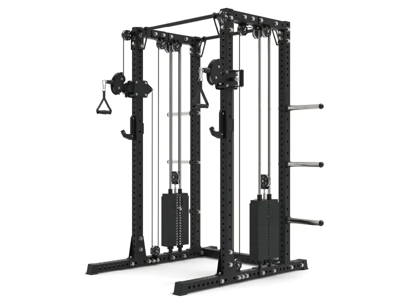 Commercial power rack with dual adjustable pulleys, weight stacks and plate storage pegs.