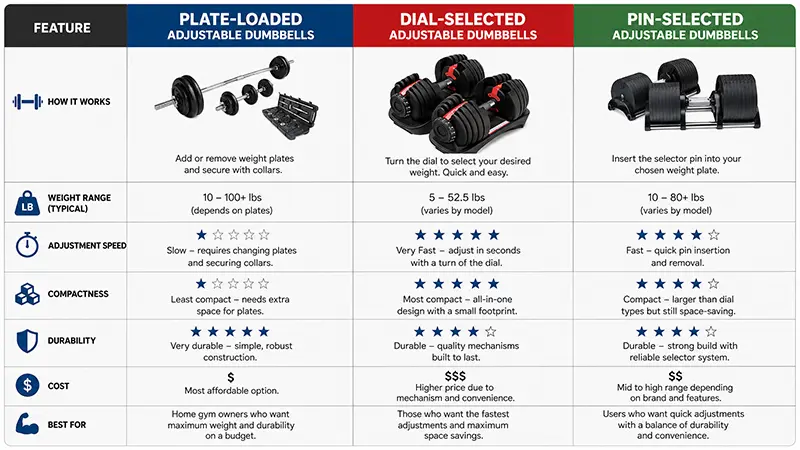 Types of adjustable dumbbells and adjustment mechanisms