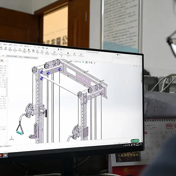 The engineer is conducting a three-dimensional CAD design for a fitness training frame with a cable attachment.