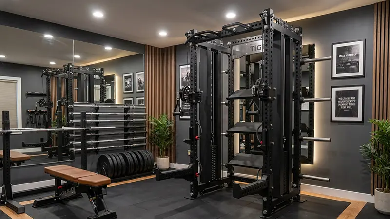 A premium commercial-grade power rack inside a perfectly organized home gym setup