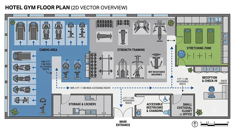 Accessible hotel gym equipment layout