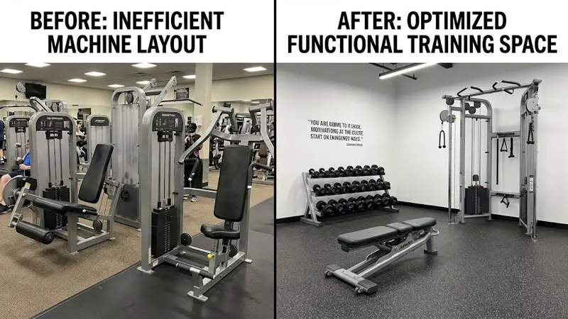 Space-saving strength equipment for a compact hotel gym