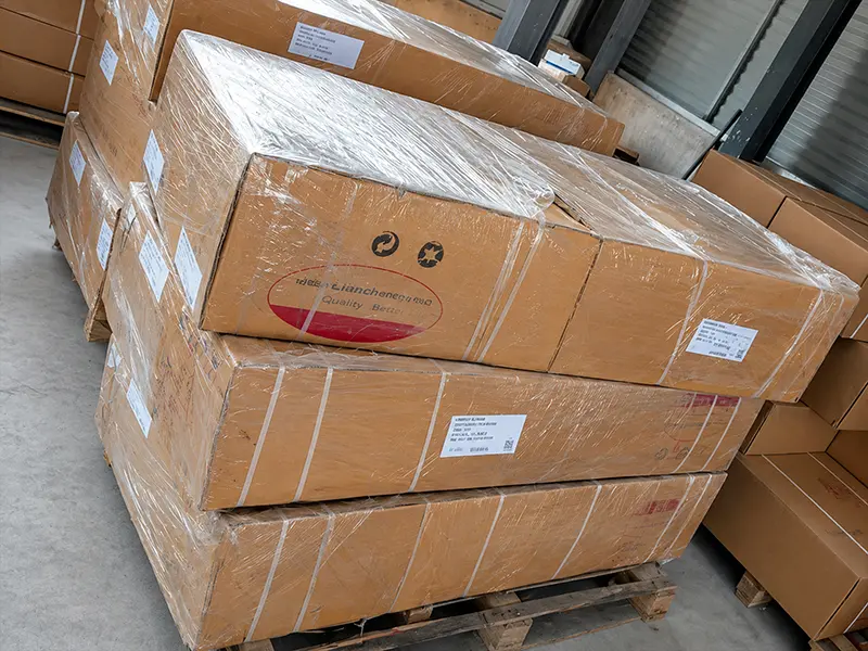 Packaged cardio equipment being loaded for export shipment