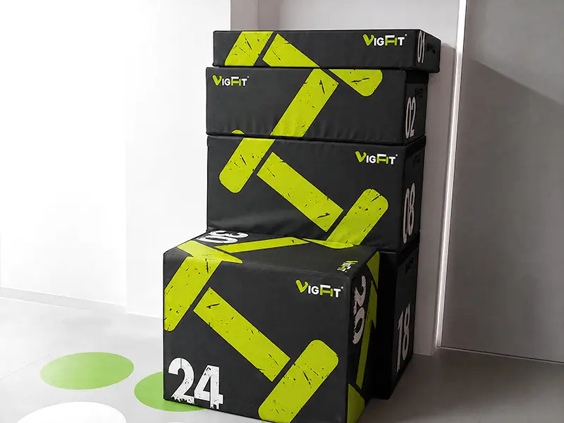 VIGFIT black and green soft plyometric boxes in stacked and three-in-one configurations