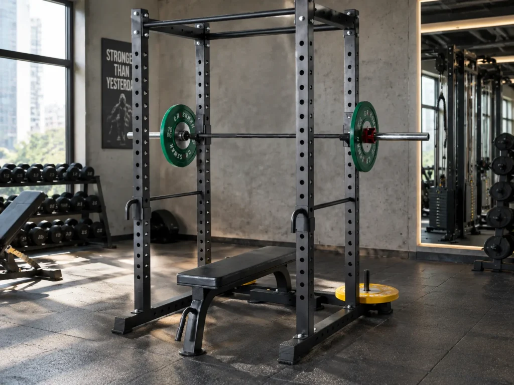 Commercial power rack with a loaded barbell and flat weight bench in a gym.